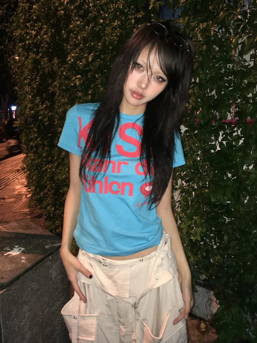 Cathy Dollette  Print Letter T Shirt  Skinny Short Sleeve Japanese 2000s Crop TopGrunge TopAmerican Retro Tshirts