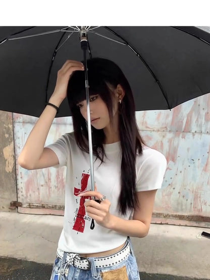 Cathy Dollette Off Shoulder Cross Print 's  2000s Clothes  Short Sleeve Japan Style Graphic Tee Female Clothing Summer