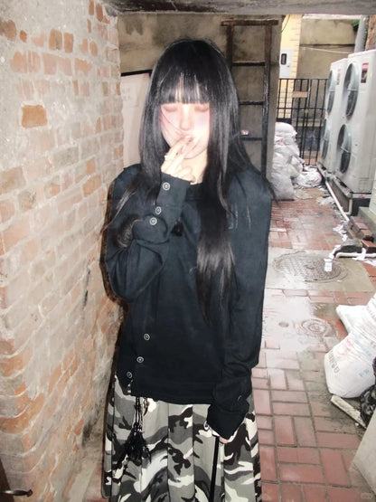Cathy Dollette American Retro Print Graphic TopLong Sleeve Button  Grunge TopJapanese 2000s E-girls Tee TopAutumn