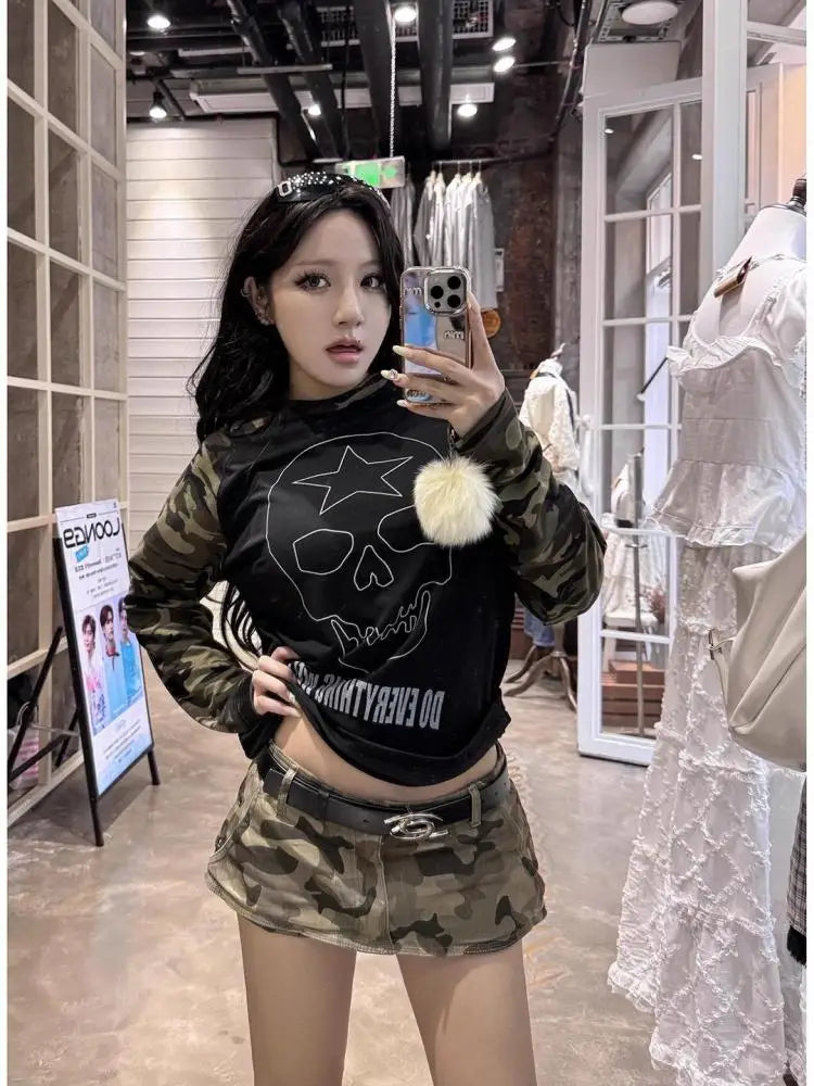 Cathy Dollette Skull Graphic T Shirts Camouflage Woman Clothing Autumn TopLong Sleeve Cotton 2000s Clothes  Tees Female Clothing