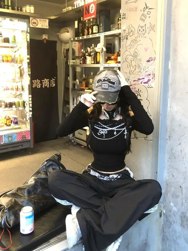 Cathy Dollette Harajuku Print T Shirt  Skinny Graphic TopLace  Aesthethic Vintage Tshirts Streetwear Grunge TopJapanese