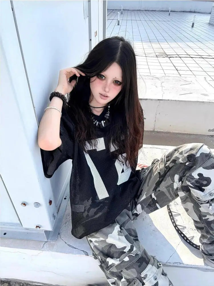 Cathy Dollette Black Graphic T Shirts Short Sleeve Hollow Out 2000s Clothes  Loose 's  Summer TopGoth Tees Gothic Chic