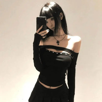 Cathy Dollette Rivet Hollow Out 's  Long Sleeve Black 2000s Clothes  Slim Autumn TopOff Shoulder Tees Female Clothing