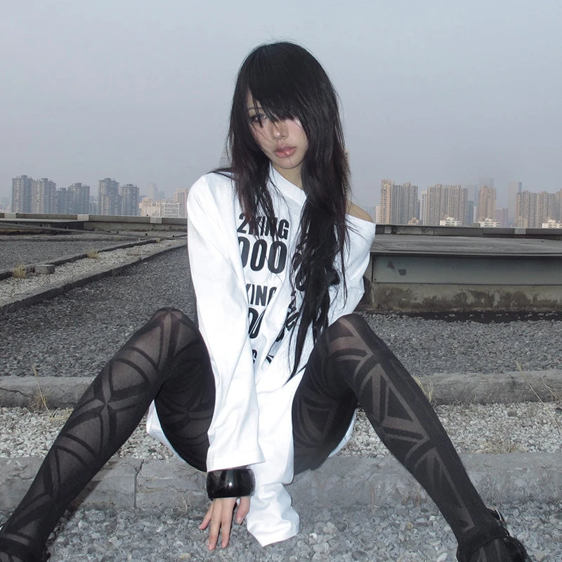 Cathy Dollette Grunge s Letter Print  Trashy 2000s Style Long Sleeve T Shirt Japanese  White Loose TopAmerican 90s