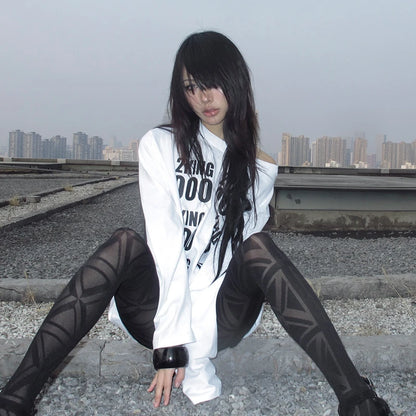 Cathy Dollette Grunge s Letter Print  Trashy 2000s Style Long Sleeve T Shirt Japanese  White Loose TopAmerican 90s