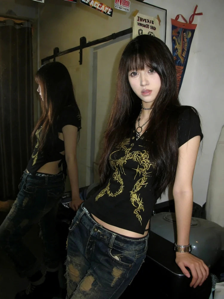Cathy Dollette Gothic Vintage T Shirt  Turn Down Collar Crop TopBackless Lace Up  Print Tshirt  Japanese 2000s Graphic Tops