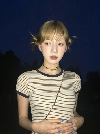 Cathy Dollette Short Sleeve Slim Striped T Shirt Streetwear Tee TopVintage American Retro Tshirts E-girls