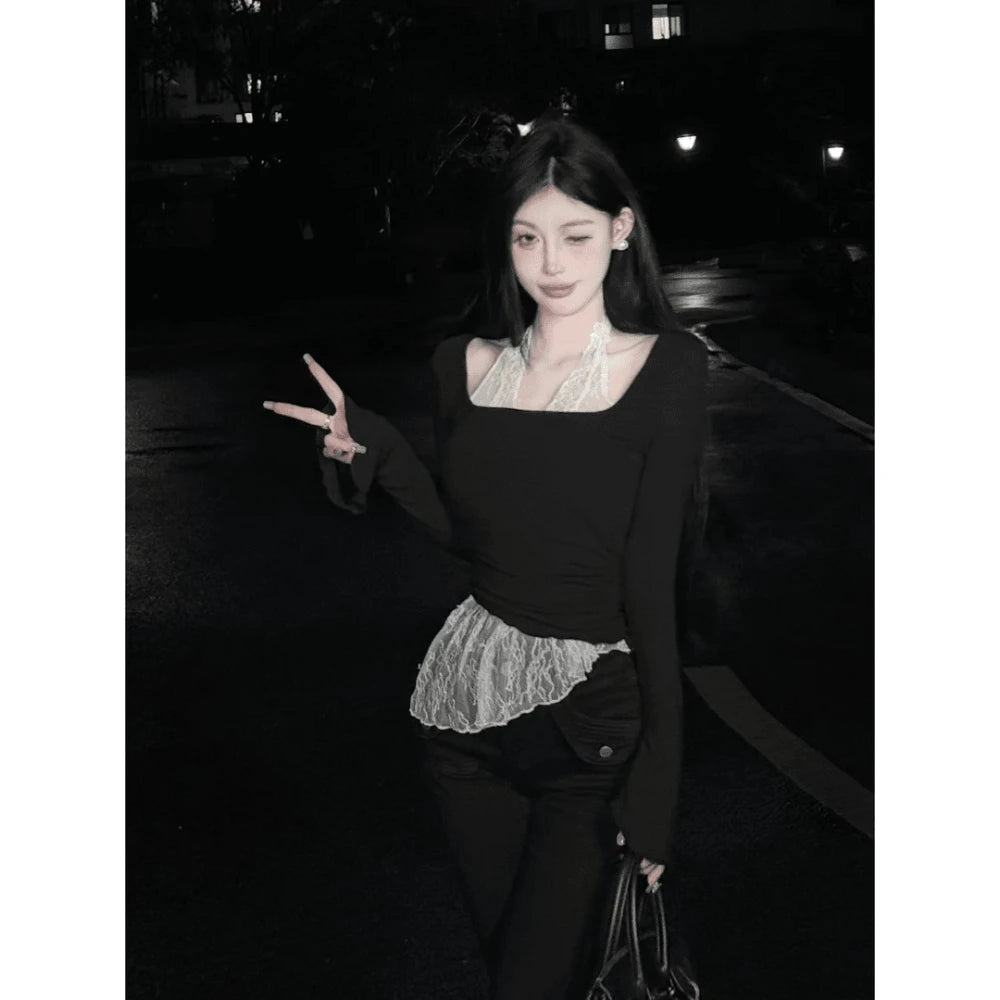 Cathy Dollette Fairycore Patchwork Lace Halter Top's  Long Sleeve Tees Female Clothing 2000s Clothes  Autumn TopChic
