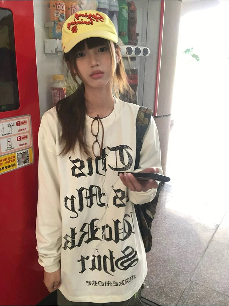 Cathy Dollette Japanese    Casual Loose Print Letter Graphic TopStrretwear American Retro  Grunge Top Tee