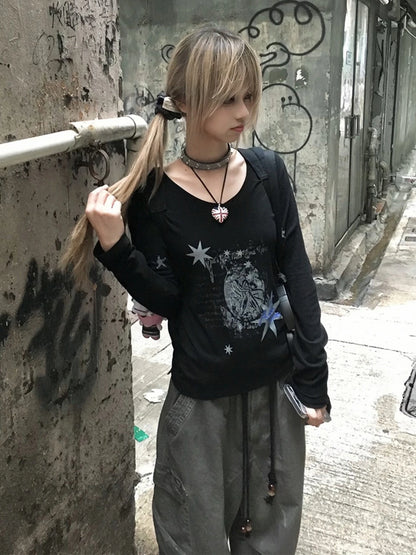 Cathy Dollette Gothic Graphic Top Long Sleeve Black Print   Japanese 2000s  Grunge Top