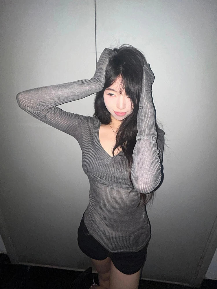 Cathy Dollette Bandage V-neck 's  Long Sleeve Korean Fashion Slim See Through 2000s Clothes  Tees Female Clothing Chic