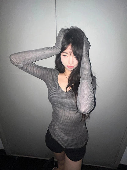 Cathy Dollette Bandage V-neck 's  Long Sleeve Korean Fashion Slim See Through 2000s Clothes  Tees Female Clothing Chic