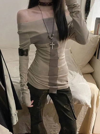 Cathy Dollette 's  2000s Clothes  Tees Female Long Sleeve Off Shoulder Korean Fashion Skinny Hotsweet Autumn TopSlim