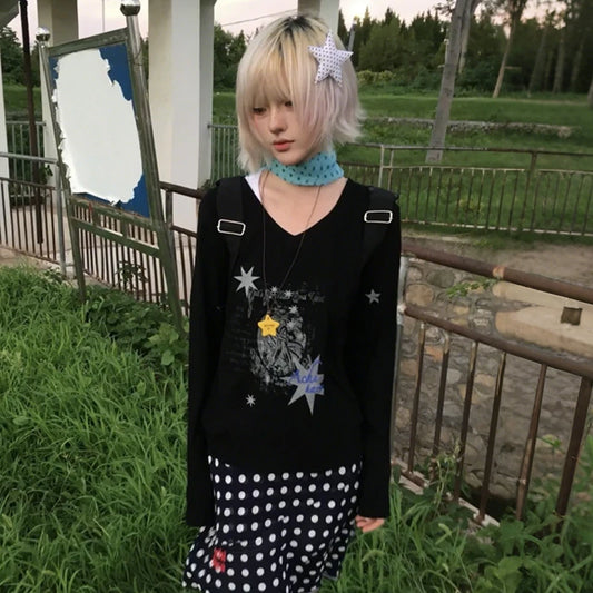 Cathy Dollette Japanese  Star Print  Vintage Harajuku Long Sleeve V-neck Top2000s s Streetwear American Retro 90s