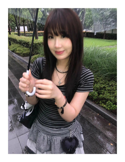Cathy Dollette Hotsweet Striped 's  Slim Summer Short Sleeve Korean Fashion 2000s Clothes  Tees Female Clothing