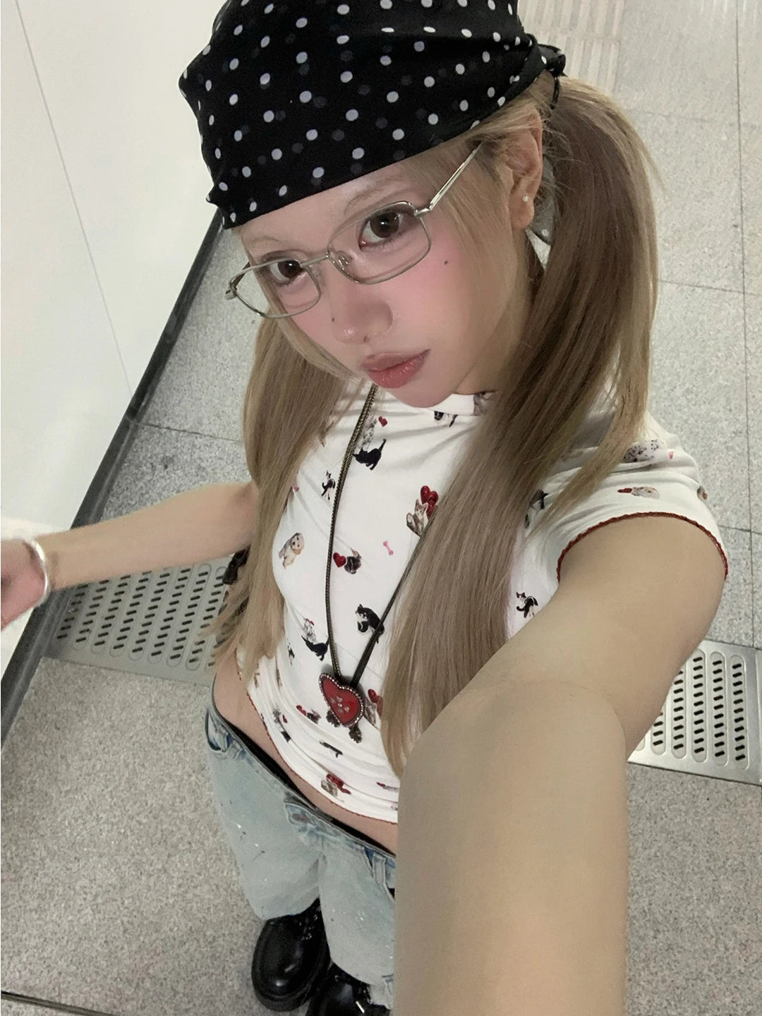 Cathy Dollette Harajuku Print T Shirt  Short Sleeve Cartoon  Vintage Crop Top 2000s Japanese Grunge TopTee
