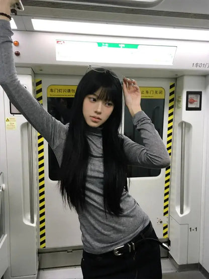 Cathy Dollette Harajuku   Turtleneck Slim Crop Top Japanese Tshirts Streetwear Korean Style Tee Top2000s