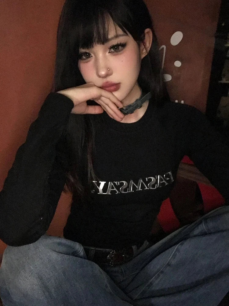 Cathy Dollette Hotsweet Black Print Letter Graphic T Shirts Long Sleeve Slim 2000s Clothes  Tees Female Clothing  Autumn Top