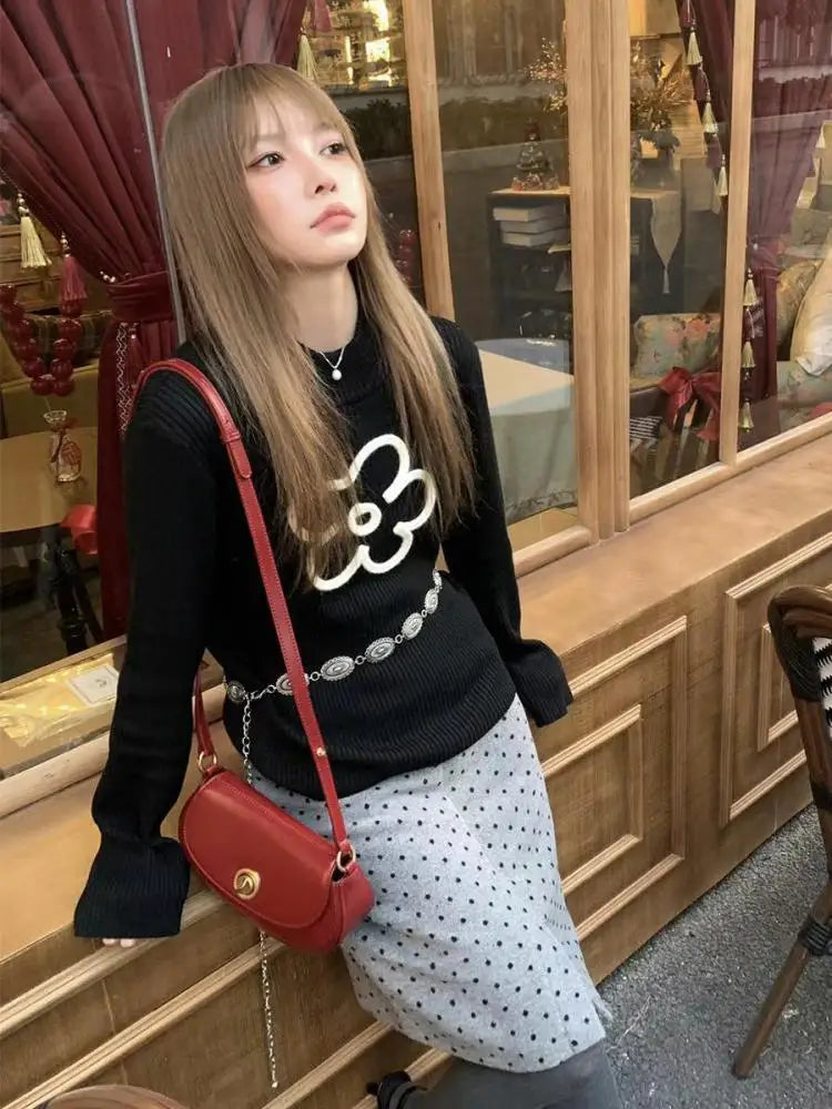 Cathy Dollette Floral Graphic T Shirts Woman Long Sleeve Black Streetwear Tees Female Clothing Autumn Top2000s Clothes  Chic