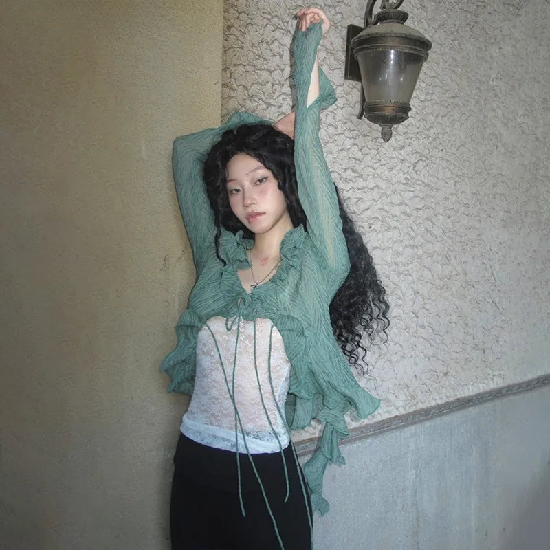 Cathy Dollette Japanese  Lace Shirt Vintage 2000s Style Ruffles Blouses Grunge s Irregular Green Shirts American Retro 90s