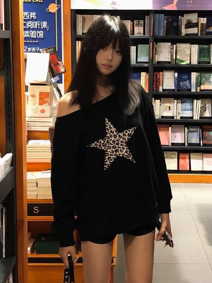 Cathy Dollette Pullovers Print Leopard Star 's Sweatshirts Long Sleeve Harajuku Hoodies 2000s Clothes  Autumn Spring TopLoose