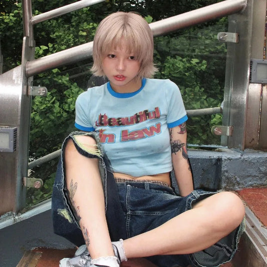 Cathy Dollette Japanese  Letter Print  Vintage Harajuku Patchwork Crop Top 2000s Style Short Sleeve Tee Shirt American Retro