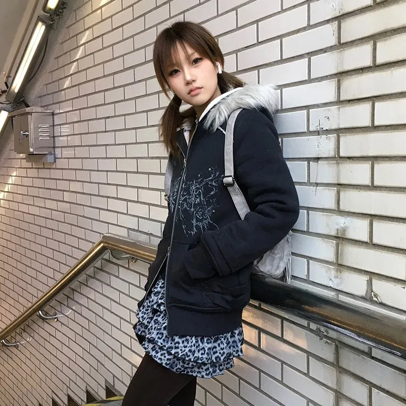 Cathy Dollette Japanese  Fur Hooded Coat Grunge s Tattoo Print Jacket Vintage Harajuku Double Zipper Outerwear Trashy 2000s