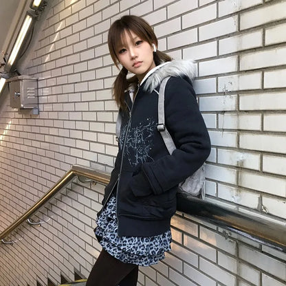 Cathy Dollette Japanese  Fur Hooded Coat Grunge s Tattoo Print Jacket Vintage Harajuku Double Zipper Outerwear Trashy 2000s