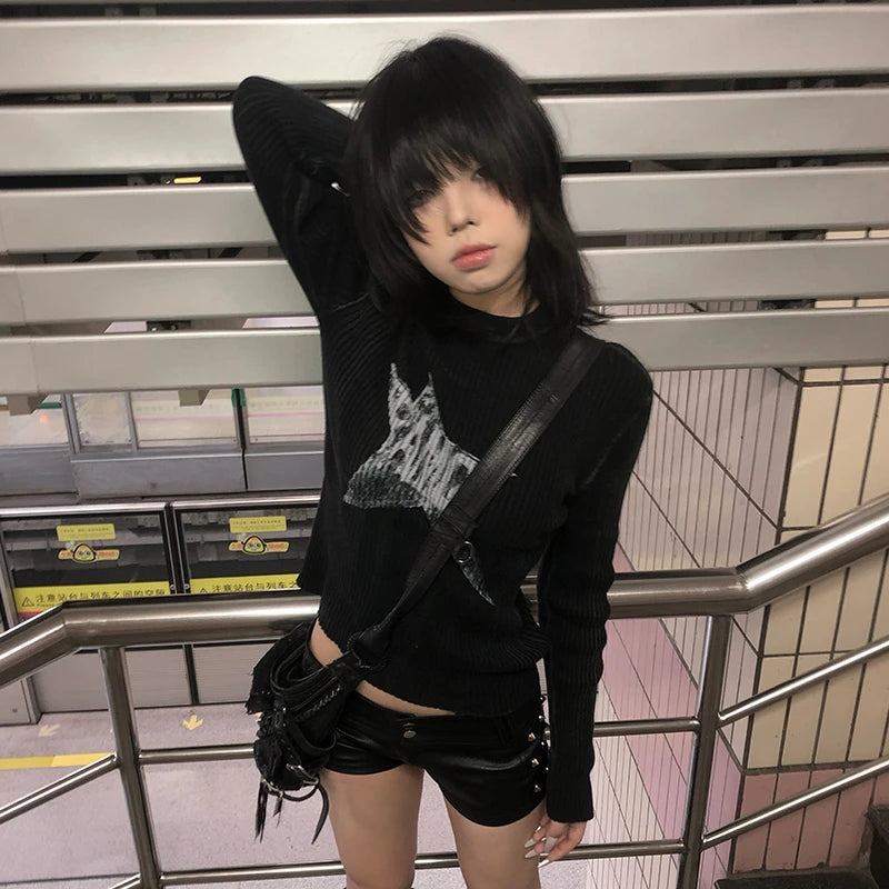 Cathy Dollette Japanese  Black Knitted TopTrashy 2000s Style Long Sleeve Knit  Vintage Harajuku Distressed Knitwear Grunge