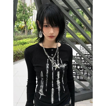 Cathy Dollette Gothic Print Graphic TopButton Slim    Japanese 2000s Grunge TopE-girls Punk Style Tshirts Black