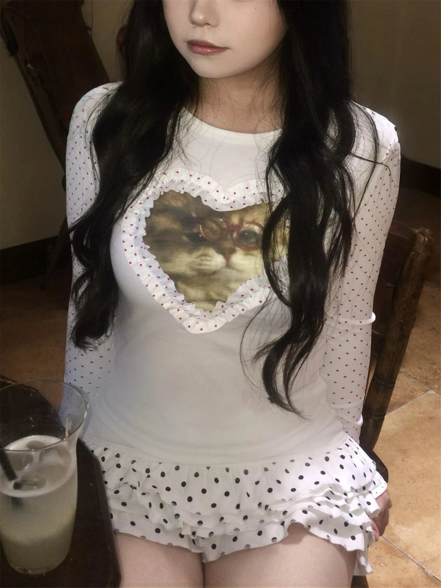 Cathy Dollette Hotsweet Patchwork Dot 's  Long Sleeve Print Cat Graphic Tee Female Clothing Slim 2000s Clothes  Autumn