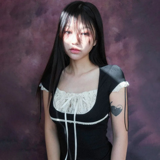 Cathy Dollette Fairycore Lace Patchwork  Grunge s Fake Two Piece TopDark Ballet Style Shirring Tshirt Vintage Gothic