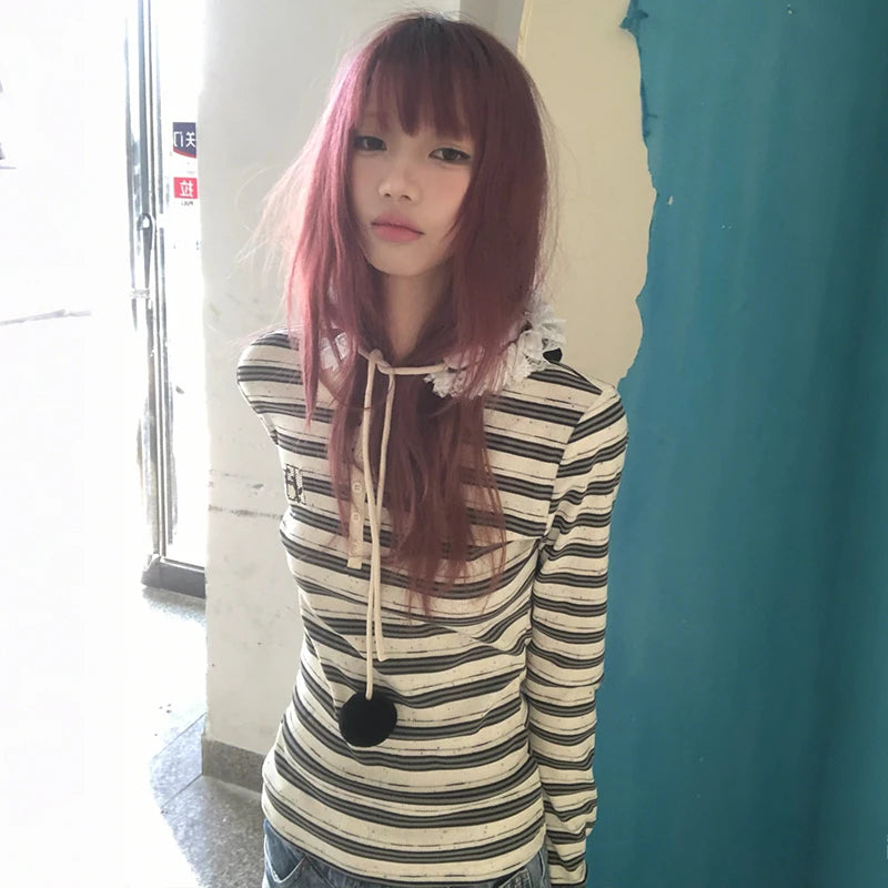 Cathy Dollette Japanese  Striped Knit  Vintage Harajuku Long Sleeve Knitted TopKorean 2000s Style Knitwear American Retro