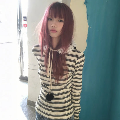 Cathy Dollette Japanese  Striped Knit  Vintage Harajuku Long Sleeve Knitted TopKorean 2000s Style Knitwear American Retro