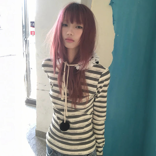 Cathy Dollette Japanese  Striped Knit  Vintage Harajuku Long Sleeve Knitted TopKorean 2000s Style Knitwear American Retro