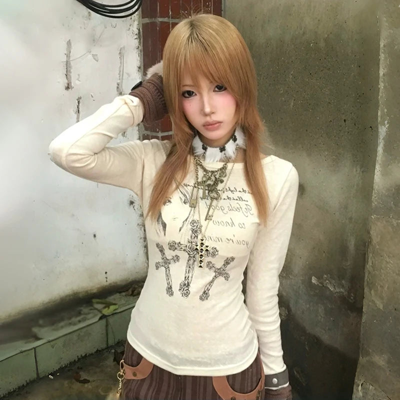 Cathy Dollette Japanese  Anime Print Knitted TopVintage Harajuku Long Sleeve Knit  2000s s Knitwear American Retro