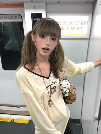 Cathy Dollette Korean Style Print   Long Sleeve Loose Casual TopSee Through  Japanese Tshirts 2000s Streetwear Tops