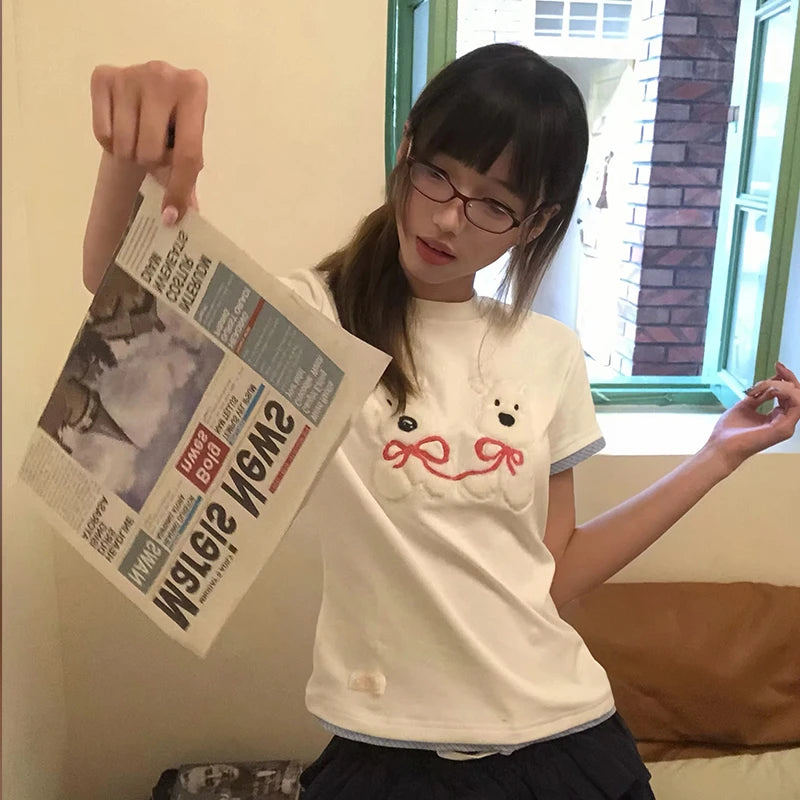 Cathy Dollette Japanese  Puppy Embroidery  Kawaii 2000s Style Fake Two-piece TopVintage Harajuku Short Sleeve Tee Shirt 90s