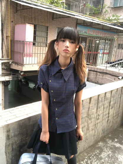 Cathy Dollette  Japanese  Shirt Short Sleeve Irregular Plaid Blouse And Shirt Grunge Top 2000s Shirts Tops