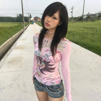 Cathy Dollette Japanese  Anime Print Mesh Top2000s s Pink Sheer Top Vintage Harajuku Kawaii See Through  Lolita