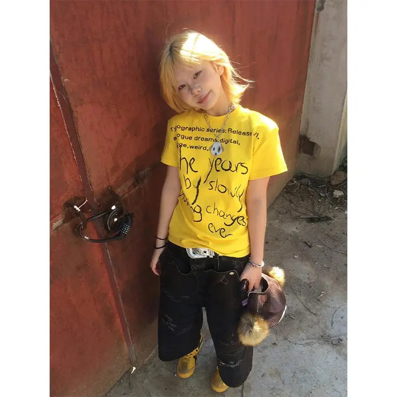 Cathy Dollette Vintage Print Letter   Short Sleeve Slim  Japanese Tee Top 2000s  Grunge Tops