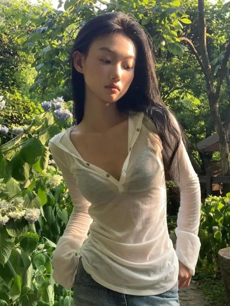 Cathy Dollette Hooded T Shirt  Clothes Long Sleeve See Through Slim 2000s Clothes  Tees Female Clothing Chic Spring TopKorean