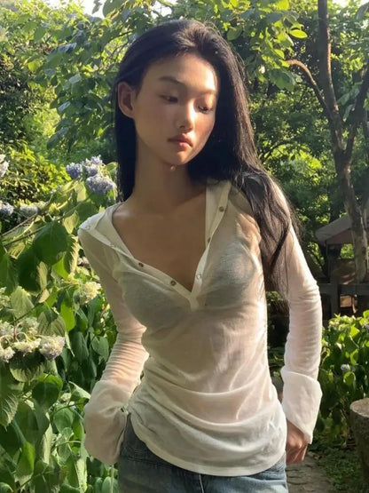 Cathy Dollette Hooded T Shirt  Clothes Long Sleeve See Through Slim 2000s Clothes  Tees Female Clothing Chic Spring TopKorean