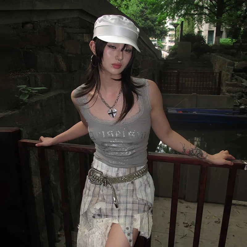 Cathy Dollette Japanese  Lace Tank Top Trashy 2000s Style Letter Print Crop Top Vintage Harajuku Knitted Tanktop American Retro 90s