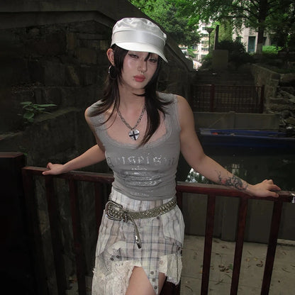 Cathy Dollette Japanese  Lace Tank Top Trashy 2000s Style Letter Print Crop Top Vintage Harajuku Knitted Tanktop American Retro 90s
