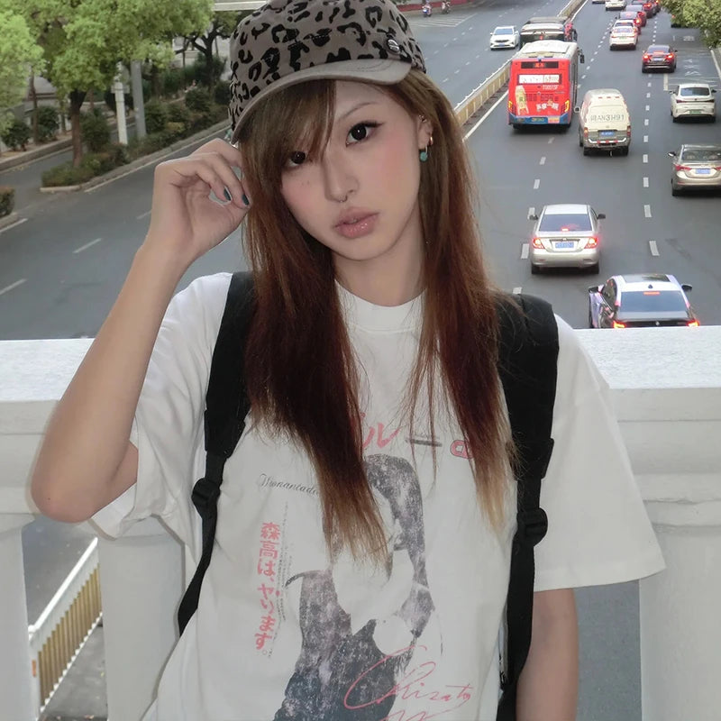 Cathy Dollette Japanese  Anime Print  Trashy 2000s Style Short Sleeve Tshirt Vintage Harajuku White Loose TopAmerican Retro