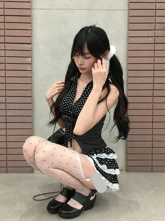 Cathy Dollette  Fairycore Two Pieces Suits Patchwork Lace Up Tanks+ Mini A-line Skirt 2000s Japanese Skirt Suits  Sets