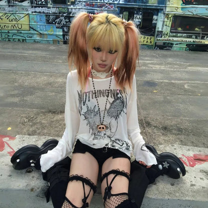 Cathy Dollette Japanese  Tattoo Print TopTrashy 2000s Style Skull Long Sleeve  Grunge Gothic Streetwear Vintage Harajuku