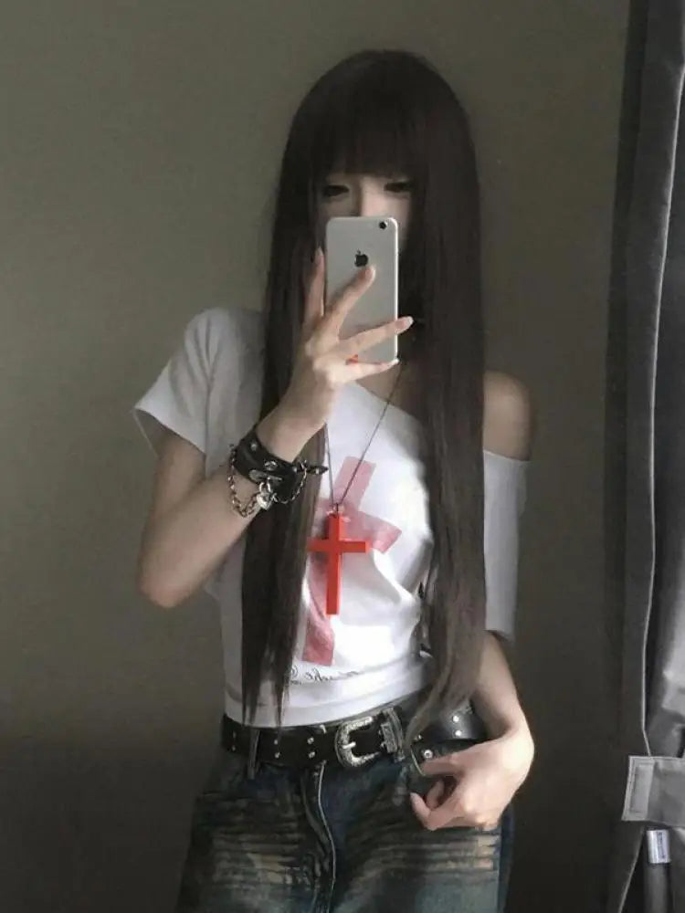 Cathy Dollette Gothic Off Shoulder Cross Graphic T Shirts 2000s Clothes  Short SLeeve Tees Female Clothing Goth Summer Top