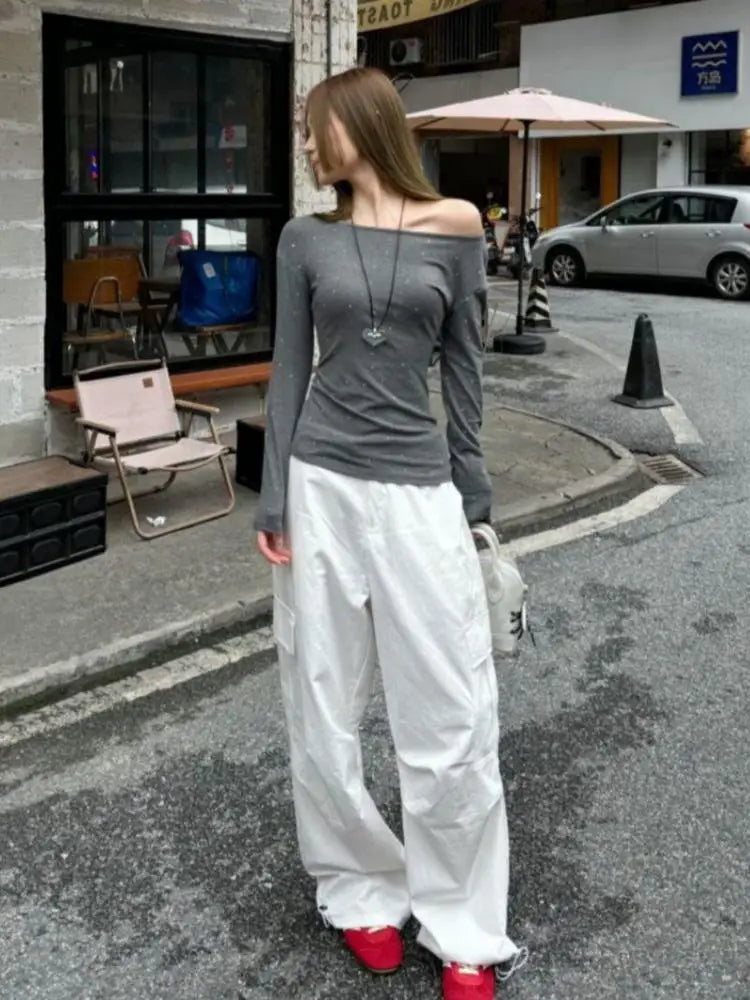 Cathy Dollette Hotsweet One Shoulder Dot T Shirt Long Sleeve Korean Fashion 's  2000s Clothes  Autumn TopTees Female